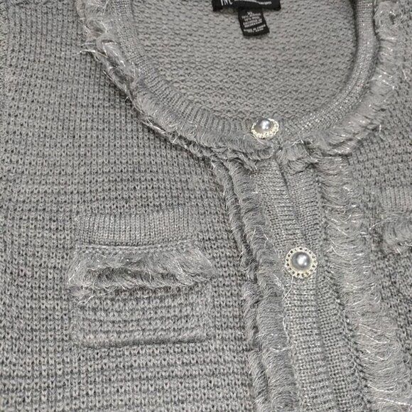INC International Concepts Gray Silver Speckles Fringe Trim Knit Cardigan XL - Picture 7 of 12